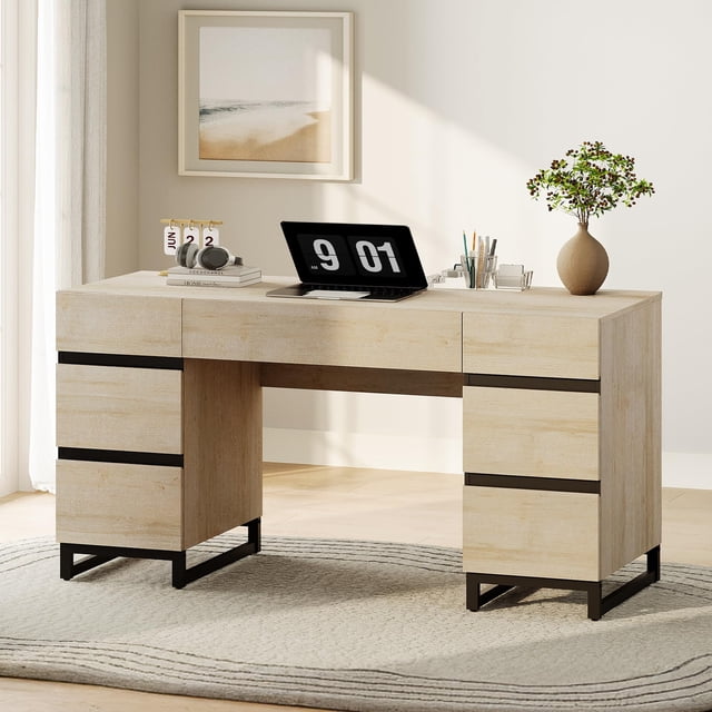WAMPAT 59 inch Executive Desk, Modern Wood Computer Desk, Writing Desk with Drawers, Charging Station, File Cabinet Storage, Home Office Workstation, Study Table for Bedroom, Living Room, Begie