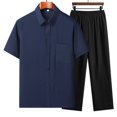 thumbnail image 2 of FRSASU Men's 2 Piece Outfit Casual Short Sleeve Button Down Shirt Beach Summer Loose Pant Sets Navy, 2 of 3