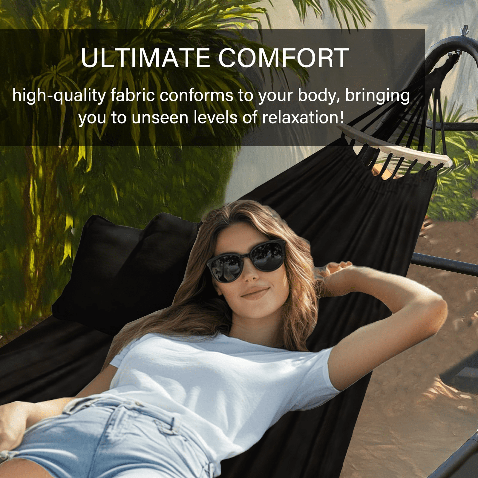 Yacona Hammock with Stand for Outside, Heavy Duty Steel Hammocks with Pillow for Backyard, Porch, Patio, Garden, Black
