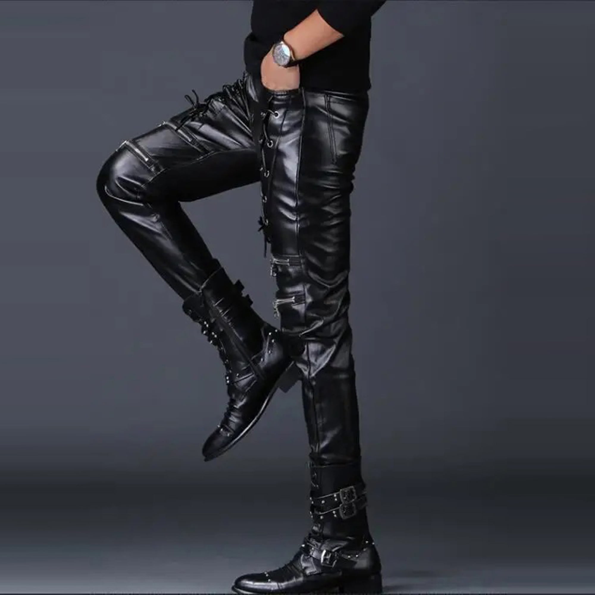 Men's Black Faux Leather Pants Shiny PU Side Lace-Up Punk Style Tight Leg Trousers