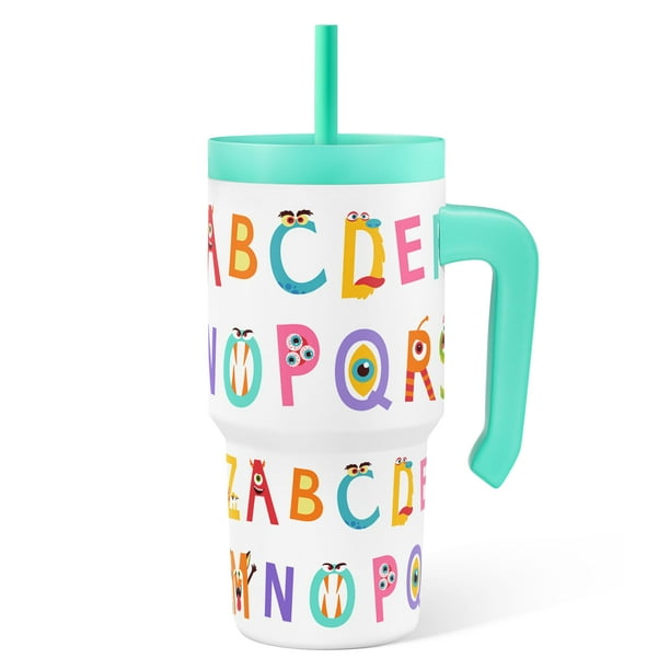 Vaso SANDJEST Alphabet de 600 ml con asa y tapa con pajita de silicona