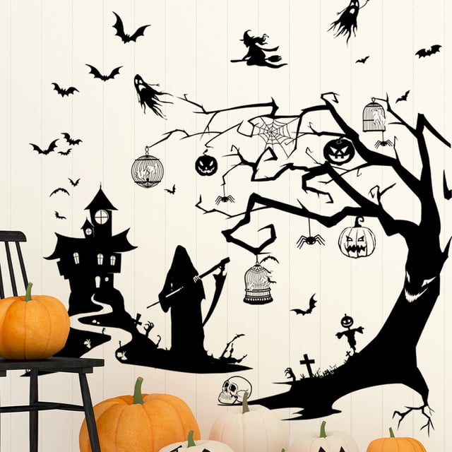 Xihbxyly Adhesivo de Pared de Halloween, Diseño de Bruja, Castillo, Árbol Fantasma, Extraíble y Fácil de Aplicar, Perfecto para Dormitorio y Sala de Estar, Decoración Navideña, Ideal para Halloween,