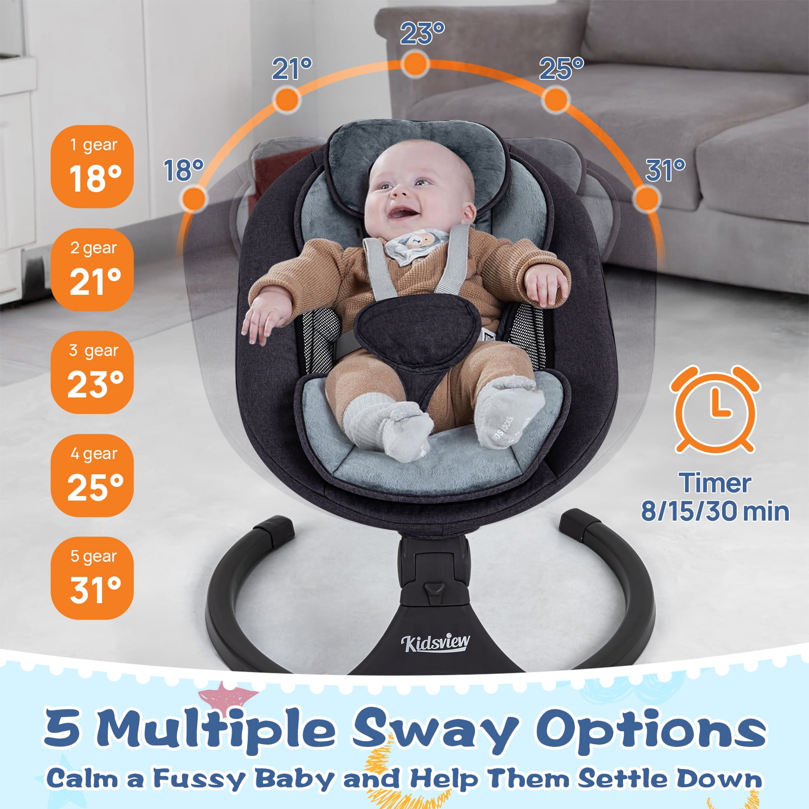 Electric Baby Swing for Infants ,Portable Baby Swing  with Timing Function 5 Swing Speeds Bluetooth Touch Screen,Music Speaker 12 Preset Lullabies for Babies 0-9 Months,0-20lb,Unisex,Black
