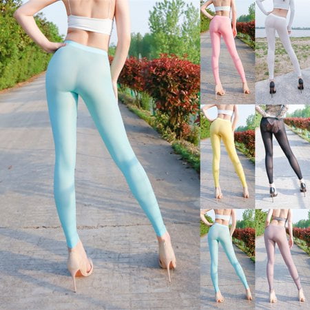 YIWEI Womens Silky See Through Leggings High Elastic Sheer Ultra-Thin  Skinny Trousers White L 