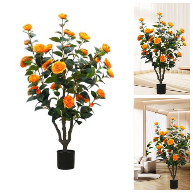 36'’ Artificial Camellia Tree,2 Pack Flower Plants Artificial Tree, Faux Floral Plant Blooming Tree In Pot