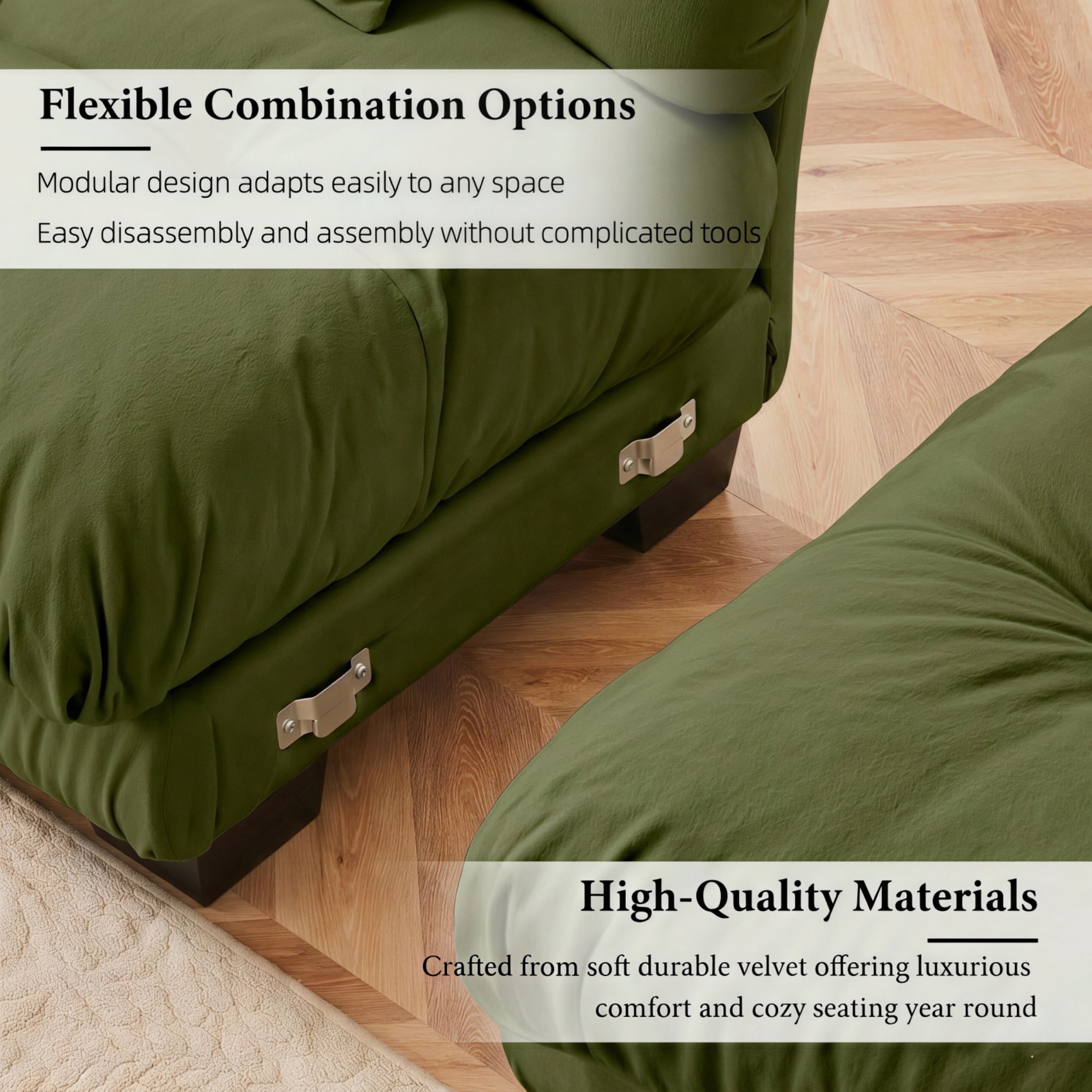 Amuille 130" Modular Sectional Sofa Velvet Cloud Couch, 3-Seat Deep Seat Couch for Living Room, With Waist Pillows and Throw Pillows, Olive Green