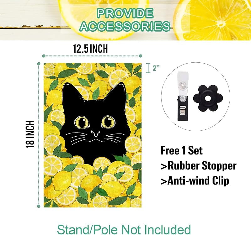 Summer Funny Black Cat Garden Flag Double Sided Summer Lemon Fruit Welcome Small Yard Flag Burlap Seasonal Farmhouse Outside Outdoor Decoration