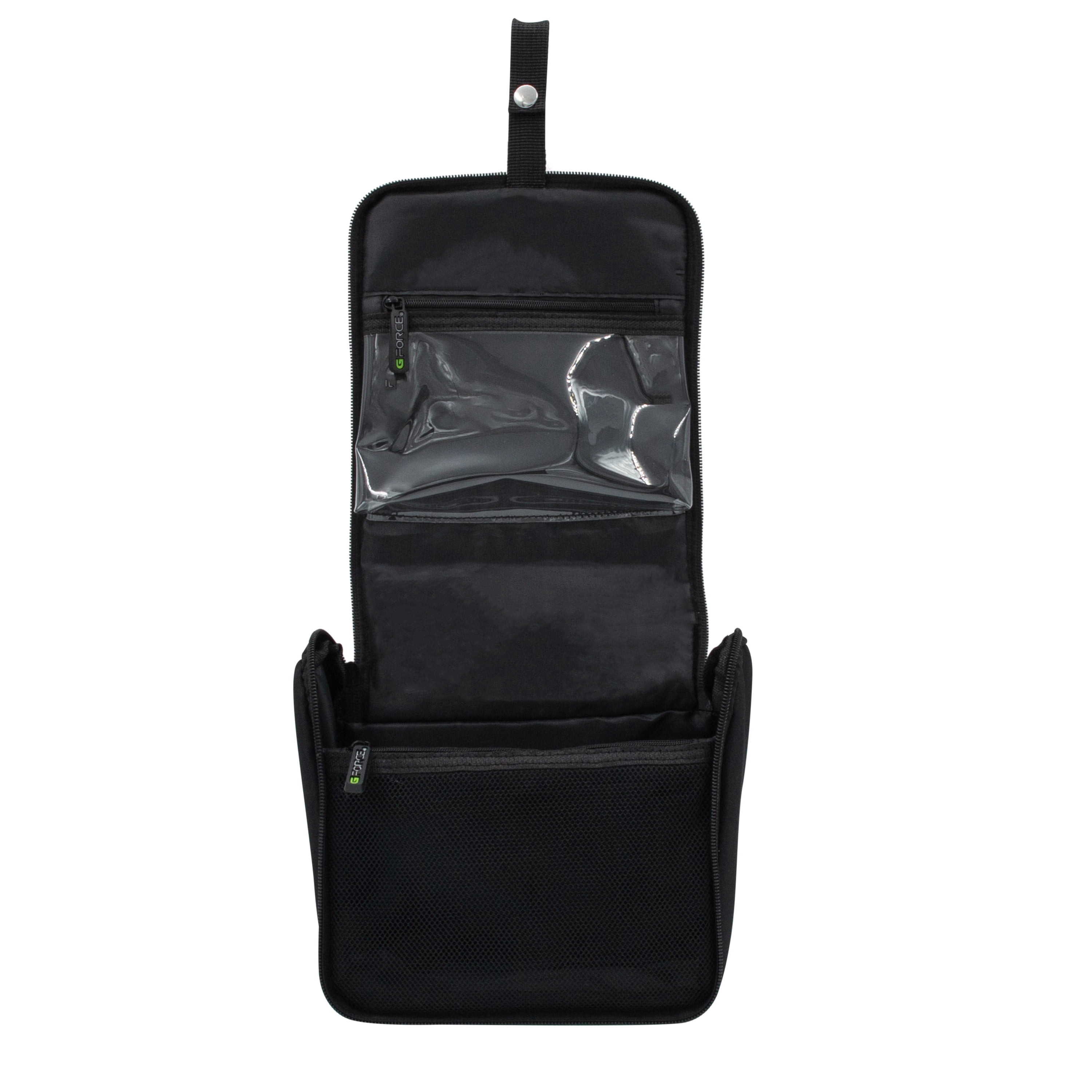 G-Force RPET Hanging Toiletry Bag Set with 3 Piece Clear Refillable Travel Bottles, Black