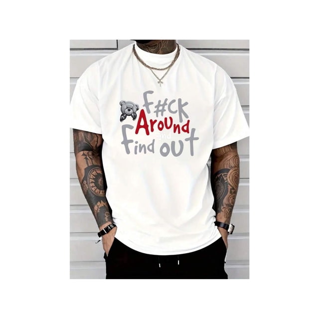 Camiseta informal para hombre 100 % algodón con estampado de oso bóxer: "FK AROUND AND FIND OUT", manga corta, cuello redondo, lavable a máquina, comodidad para todo el año.