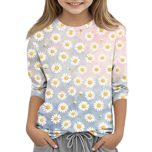 Grblisyd 3/4 Sleeve Shirts for Girls Cute Sunflower Daisy Printed T Shirts Kids Summer Loose Tops Casual Crewneck Tees 7-8 Years