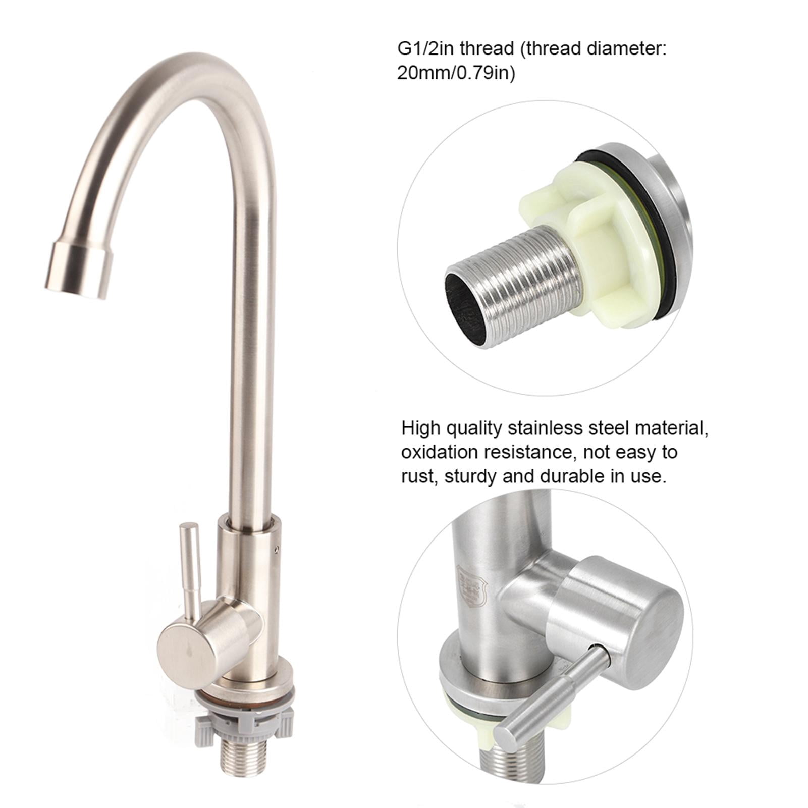 YAHHU 360° Rotating Stainless Steel Single‑Pin Kitchen Faucet – 1/2” Thread, Ergonomic Handle, Leak‑Proof Ceramic Spool