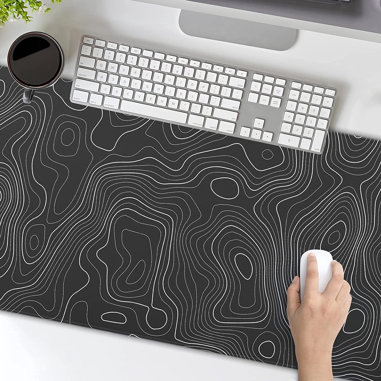 Topographic Map Large Mouse Pad XXL Black Lines Contour Geographic Extended Large Desk Mat Big Desk Pad 90X40 CM Non-Slip Rubber Base Stitched Edge Long Mousepad,35.4 x 15.7 Inch