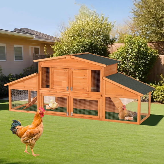 90" Large Chicken Coop with Dual Ramps, Two-story Hen House Poultry Cage with Cleaning Tray, Outdoor Wooden Pet Hutch with Waterproof Roof for Backyard, Natural