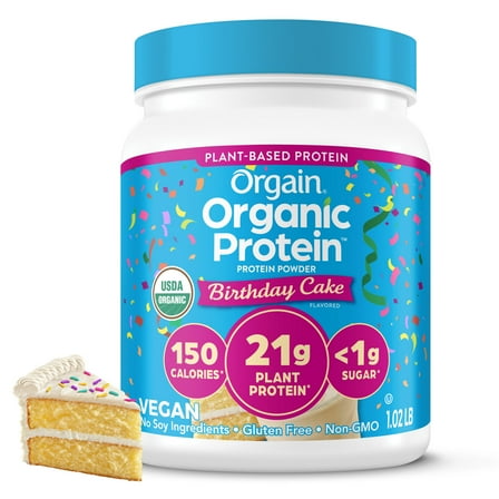 Orgain Organic Vegan 21g Protein Powder, Plant Based, Birthday Cake 1.02lb