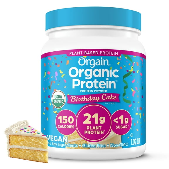 Orgain Organic Vegan 21g Protein Powder, Plant Based, Birthday Cake 1.02lb