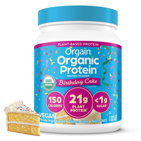 Orgain Organic Vegan 21g Protein Powder, Plant Based, Birthday Cake 1.02lb