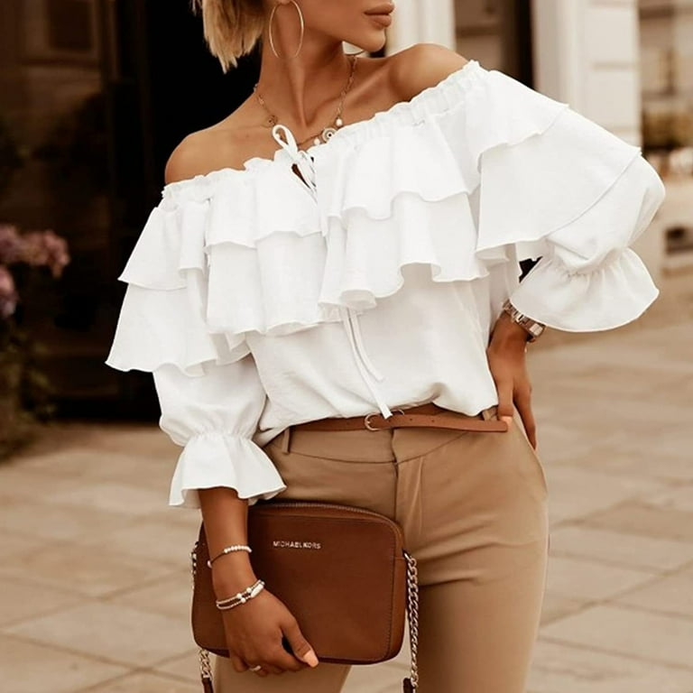 Women Off Shoulder Top Layered Ruffle Long Sleeve Pure Color Women Off Shoulder Top Layered Ruffle Long Sleeve Pure Color