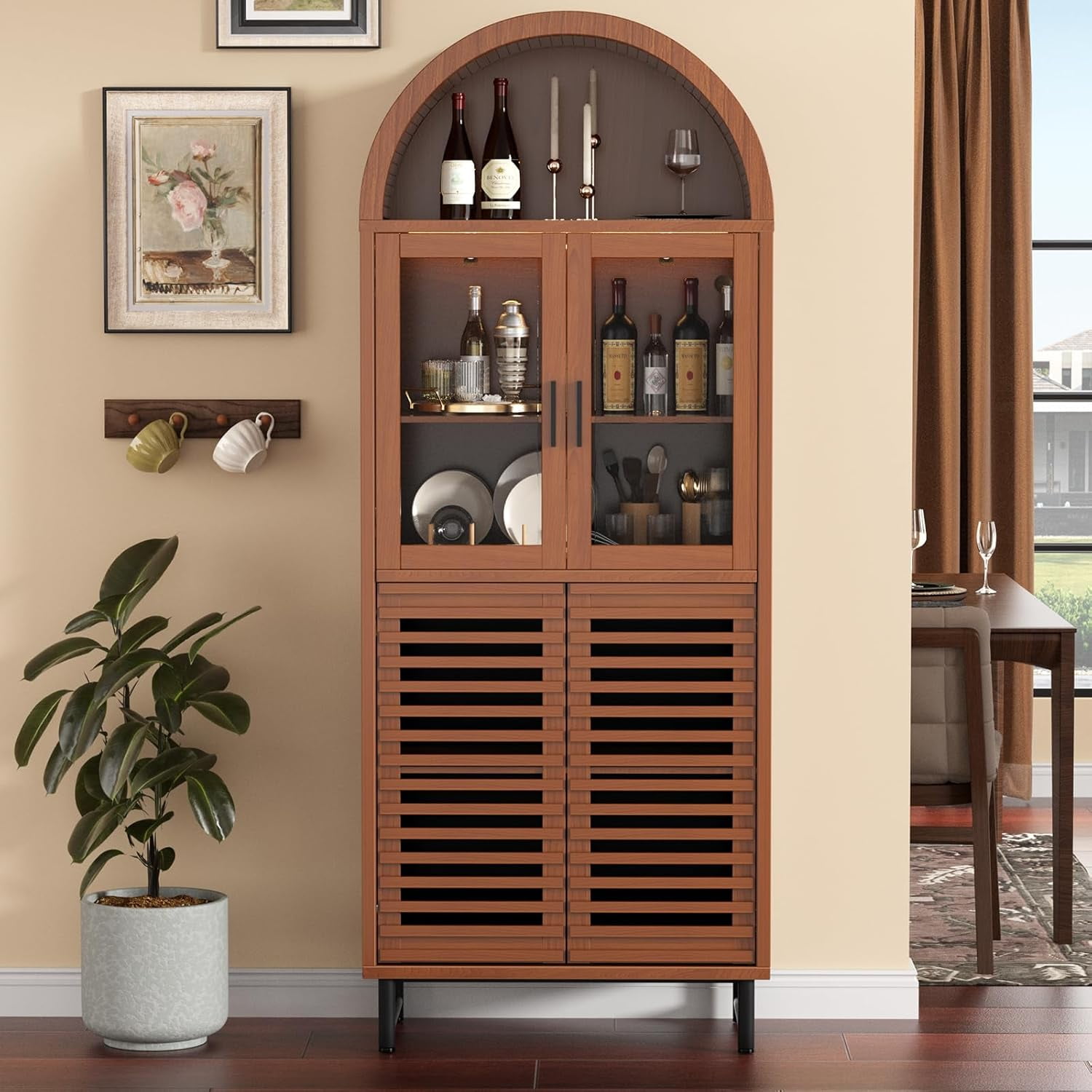 Vabches Arched Kitchen Pantry Storage Cabinet, 78" Tall Fluted Cabinet with LED Lights 2 Glass Doors for Kitchen, Living Room, Bedroom