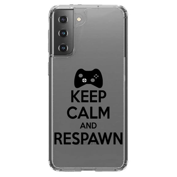 DistinctInk Clear Shockproof Hybrid Case for Galaxy S21  PLUS 5G (6.7" Screen) - TPU Bumper Acrylic Back Tempered Glass Screen Protector - Keep Calm and Respawn Gamer Video Games