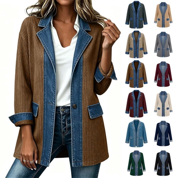 Fanshiluo Women Patchwork Long Sleeve Knit Blazer, Open Front Single Button Casual Jacket with Pockets,Size S-2XL