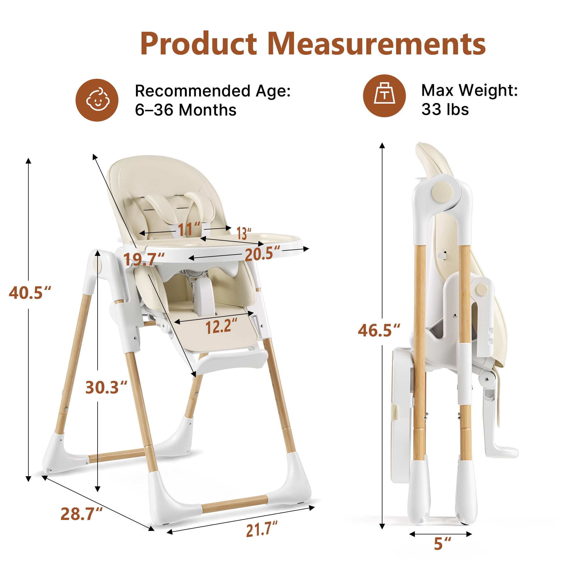 LINLUX Foldable High Chair for Babies, Toddler Eating Chair with Detachable Double Trays, Beige