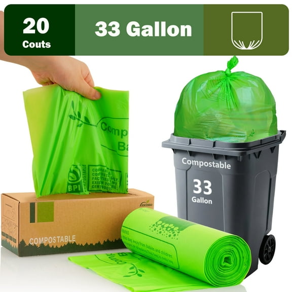 JENCENBIO Compostable garbage bags, 33 Gallon, Extra Thick, 28 Micron Food scrap waste bags with US BPI ASTM D6400 and Europe OK compost HOME Certified