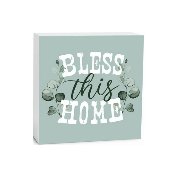 Bless This Home Grey Sage Foliage 5 x 5 Wood Tabletop Sign Plaque