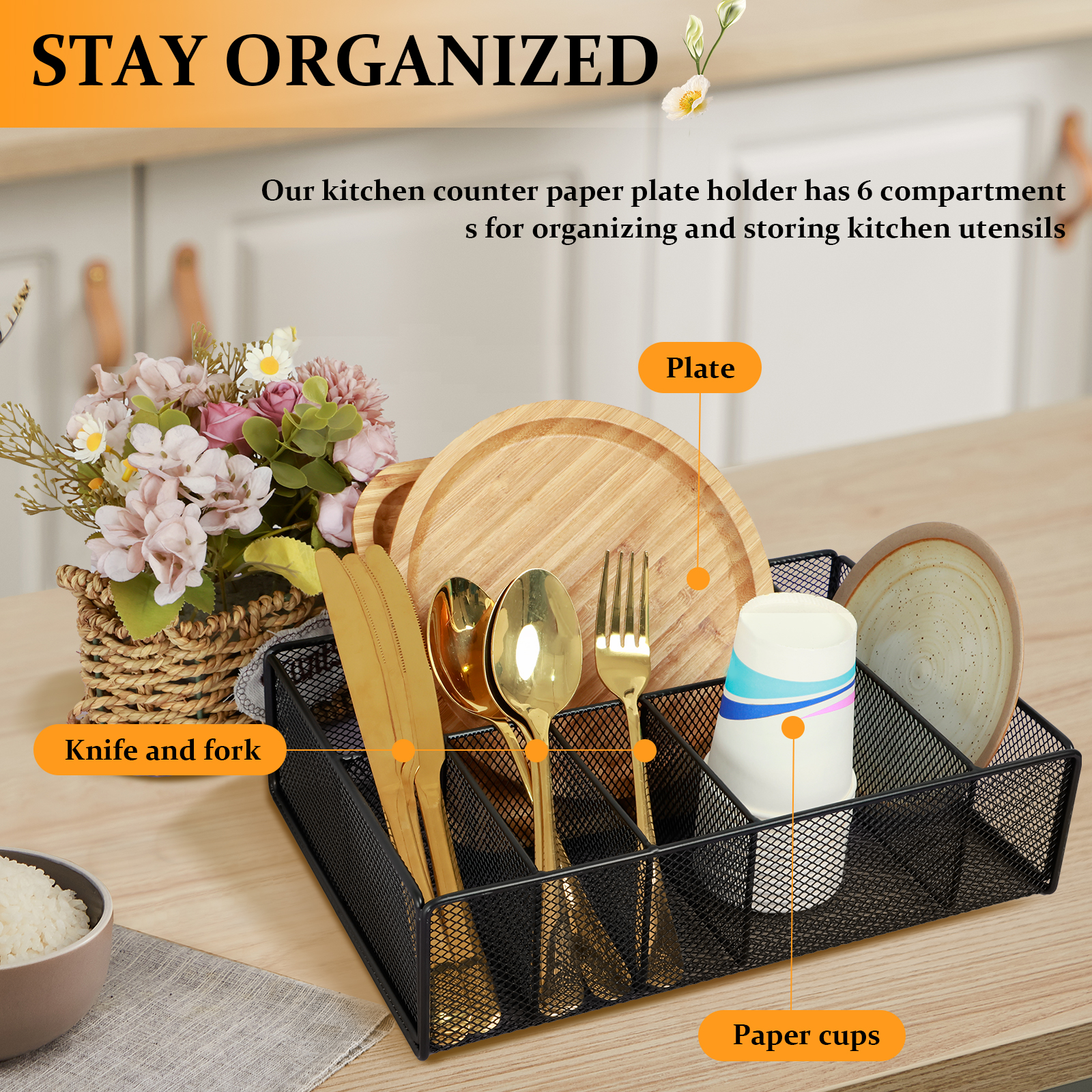 Porte-ustensiles De Cuisine En Bois Avec 4 Compartiments - 40x13x15.5 Cm, Séparateurs Amovibles, Trous De Drainage - Rangement Pratique Pour Couverts, Spatules, Cuillères