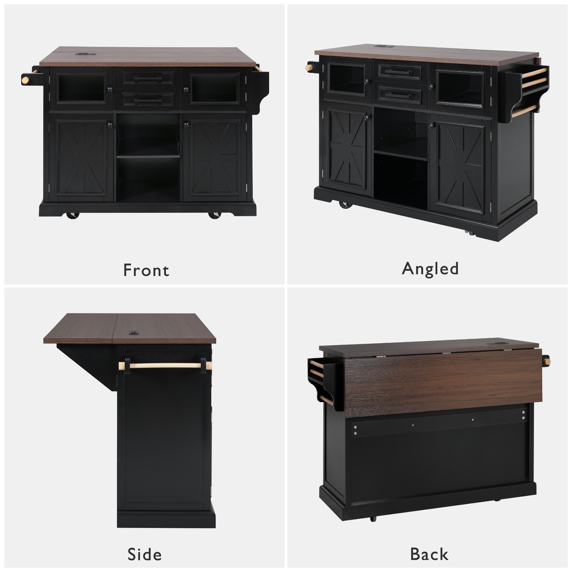 AENKYO 54.9'' Farmhouse Kitchen Island Cart with Drop Leaf, Charging Station, Adjustable Shelves, and Lockable Wheels, Black