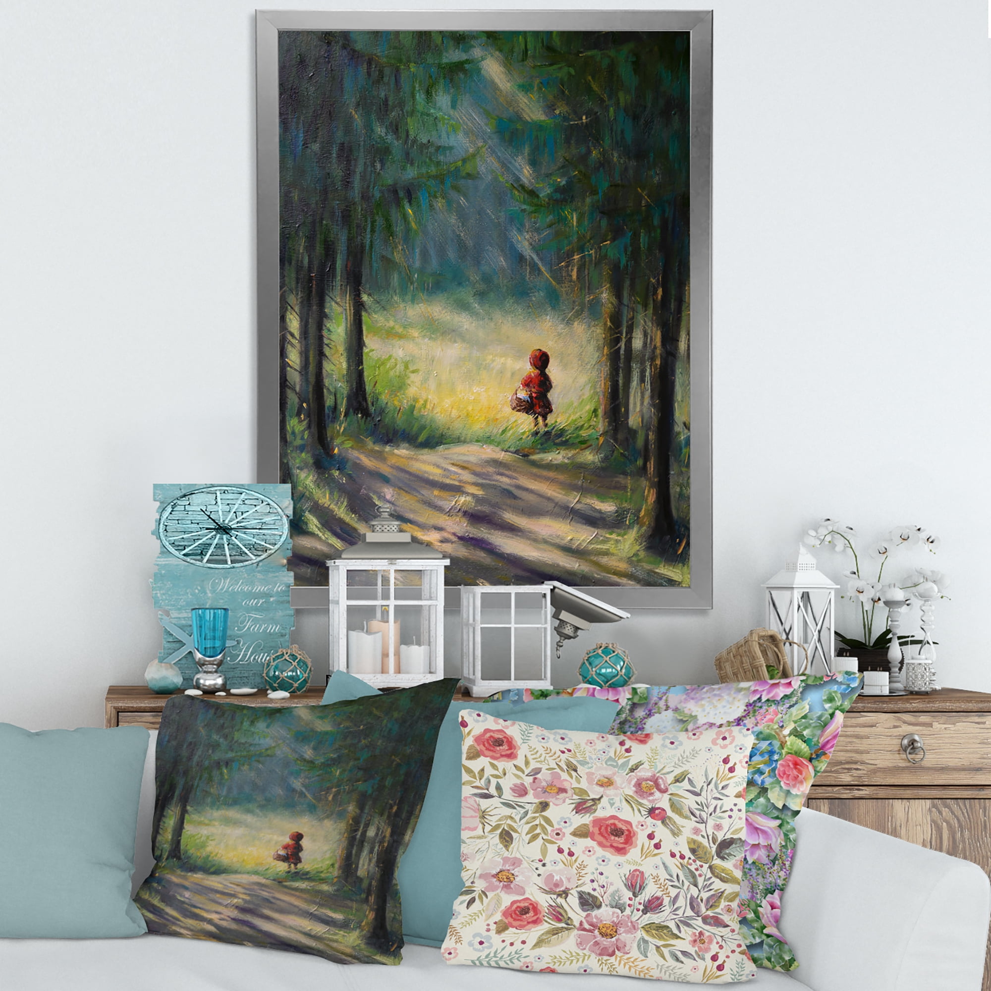 Designart 'Little Red Kid Riding Hood In The Woods' Traditional Framed Art Print