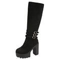 thumbnail image 2 of Women's Faux Suede Knee High Platform Boots, Triple Metal Buckle Strap Chunky High Heel Tall Boots, Side Zipper Fashion Boots, 2 of 9