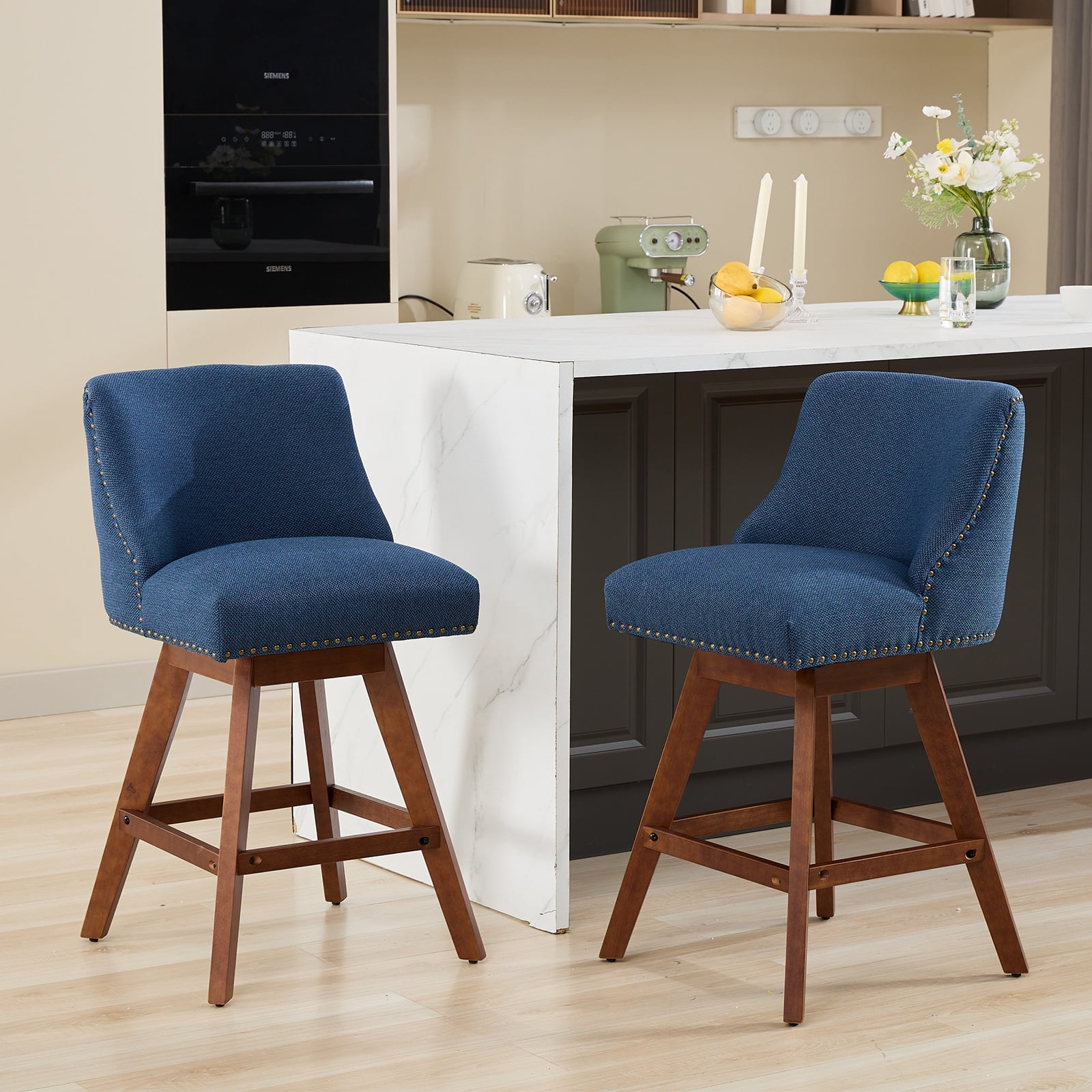 Modern Swivel Bar Stools Set of 2, Blue Counter Height Bar Stools with Back for Kitchen Island, Fabric Upholstered Island Chairs with Wood Legs, Barstool Chairs, Sillas para Barra de Cocina