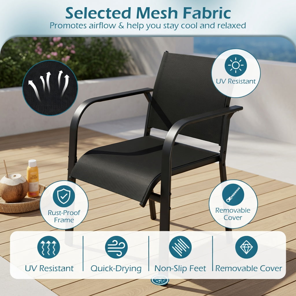 Hommoo Stackable Outdoor Dining Chairs Set of 2, Heavy-Duty Metal Frame Patio Armchairs with Breathable Mesh Back, Black