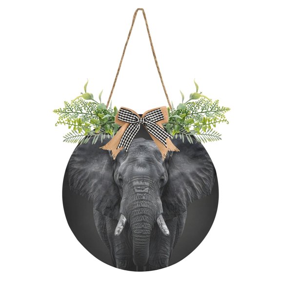 African Elephant Welcome Front Door Sign Round 12 inch Porch Hanging Sign with Wreath Farmhouse Rustic Garden Decor