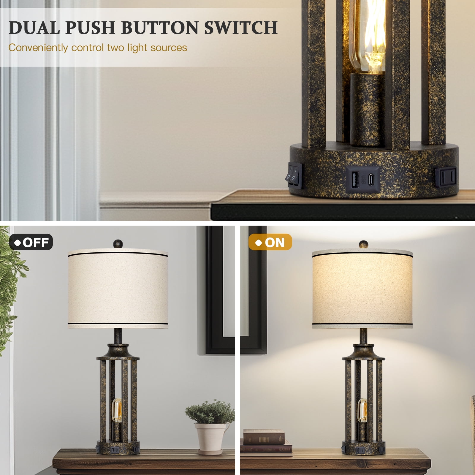 Cinkeda Modern Table Lamp Set of 2 with USB Ports 3 Way Dimmable Nightlight Industrial Gold Bedside Lamps for Bedroom Living Room