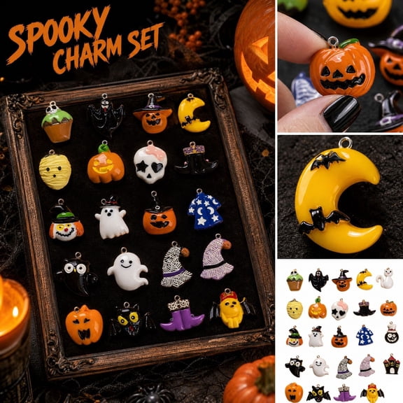MInHoues 25 Pcs 3D Resin Halloween Pendants Set, Assorted Pumpkin Skeleton Ghost Charms for DIY Jewelry Making, Spooky Party Favors, Crafting Accessories and Seasonal Home Decor