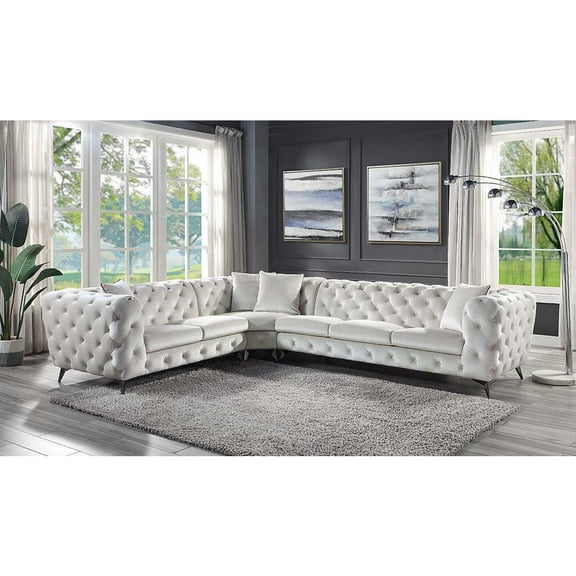 ACME Atronia Fabric Upholstered Tufted Sectional Sofa with 4 Pillows in Beige