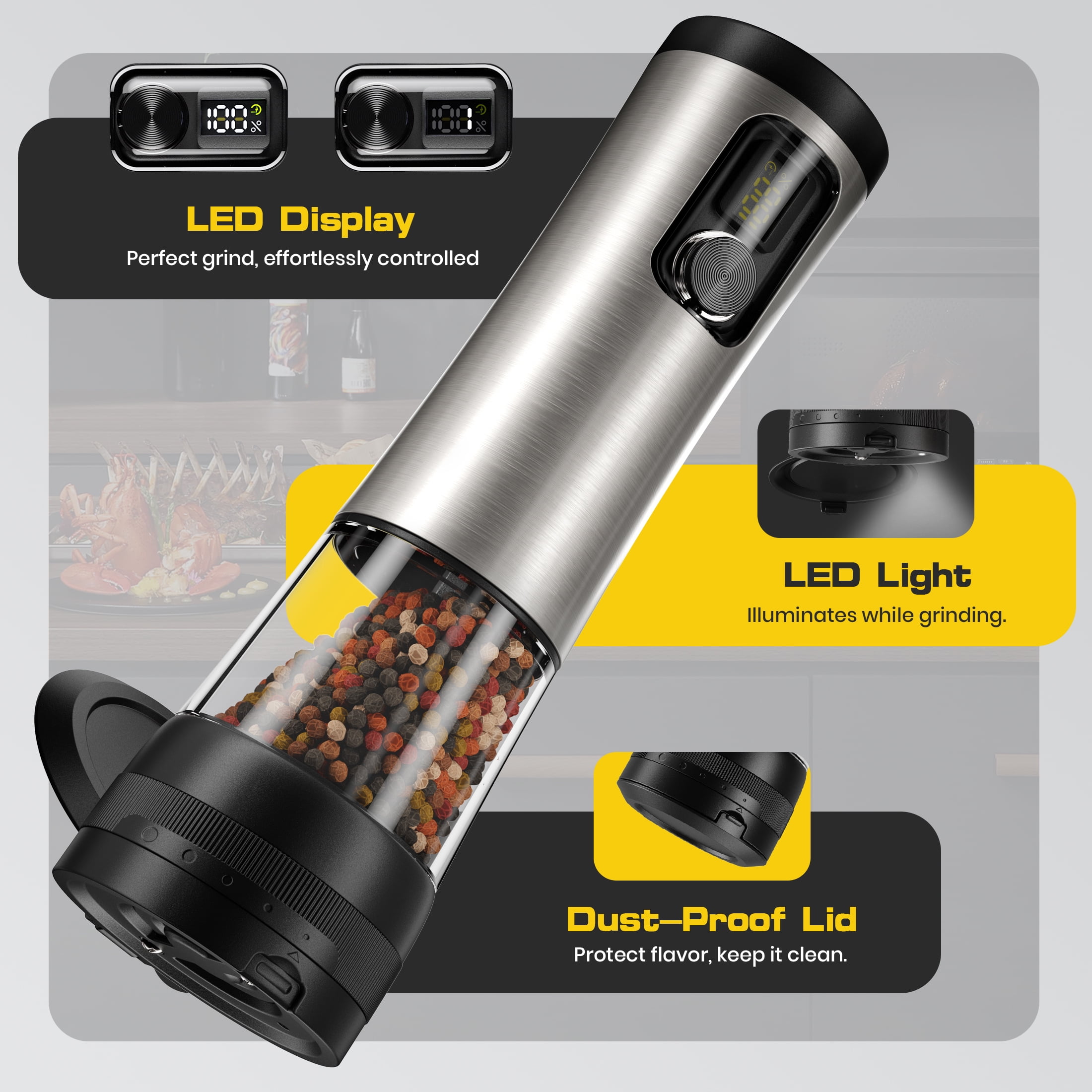 Moreblue Electric Salt and Pepper Grinder Set , Automatic Rechargeable Salt and Pepper Shaker with LED Battery Display & USB‑C Charging Base, Pepper Mill for Kitchen, Dining & Camping