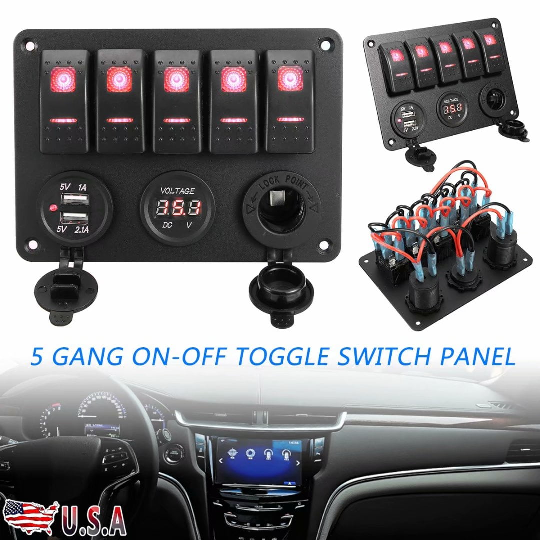 Red LED Rocker Push Switch Type Vehicles Off-Road Voltmeter Gauge 2 USB Charger