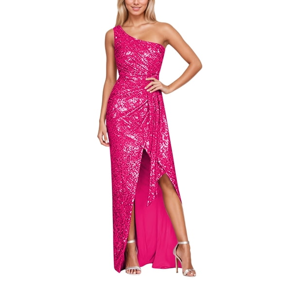 QHFBli Women's Elegant Ruched Sequin Gowns One Shoulder Split Bodycon Maxi formal Dress Glitter Sparkle Evening Dresses Hot Pink XXXL
