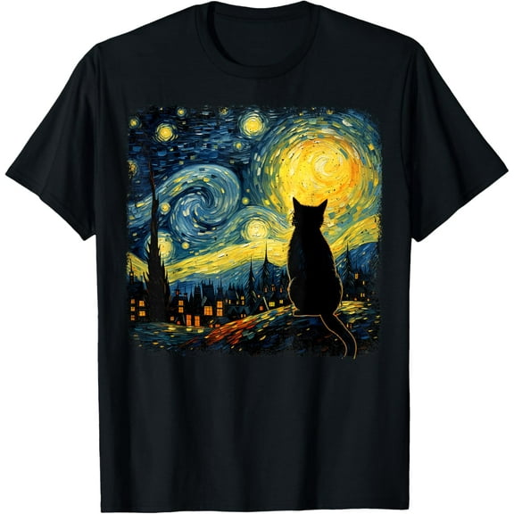 Vintage Cat Starry Night Van Gogh Cat For Cat Lover Cat Mom Cat Dad T-shirt