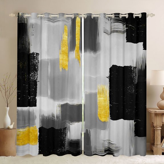 Manfei Abstract Brushstroke Kitchen Curtains, Black Gold Plaid Black Out Curtains Pack of 2 (42x63 Each), Black Gold