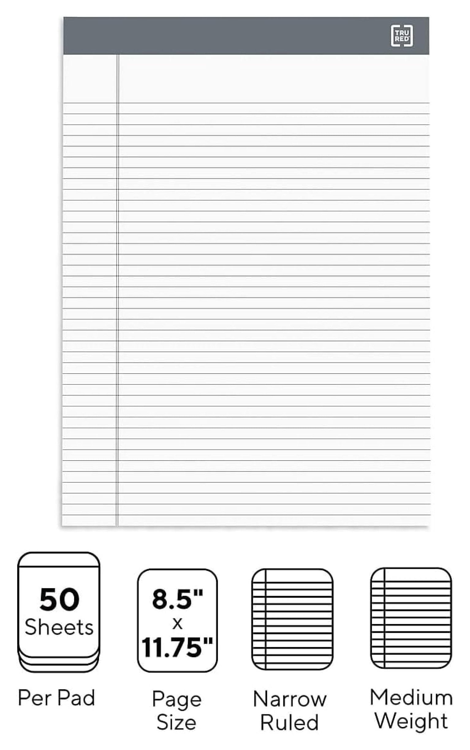 Notepads, 8.5” x 11.75”, Narrow Ruled, White, 50 Sheets/Pad, 12‑Pack