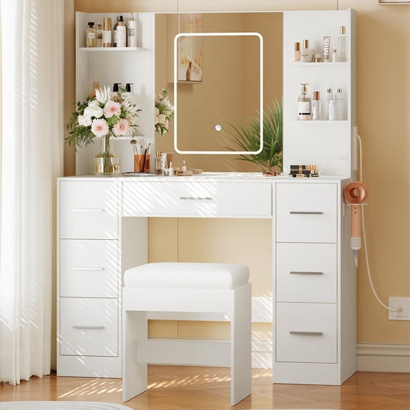 Kicctian 7-Drawer Vanity Desk with Lights and Mirror,Makeup Vanity Set with Power Outlets and USB, 3-Color Dimmable LED Modes, Includes Hair Dryer Holder and Cushioned Stool for Bedroom,White