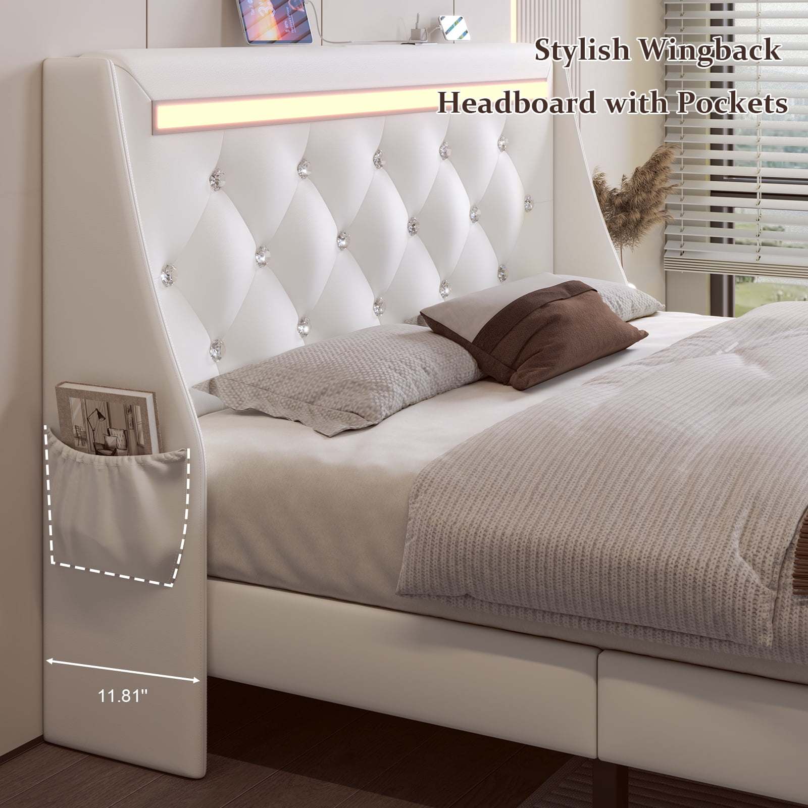 Holiway Full Size LED Bed Frame with Upholstered Headboard, Wingback PU Leather Headboard with Charging Station, Diamond Tufting, White