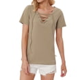 thumbnail image 2 of Uhndy Women Sexy Lace Up V Neck Hollow Out Short Sleeve Summer Casual Plus Size T-shirt For Women Clothing Khaki S, 2 of 6