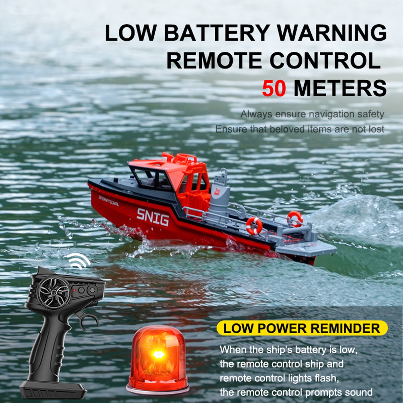 Remote  Boat,Low Battery Alarm Ship With Motor With Motor Low Battery Alarm Pools And Lakes Toy Pools And Lakes Remote Boat Rescue Alarm Pools And Boat Rescue Ship White and Orange