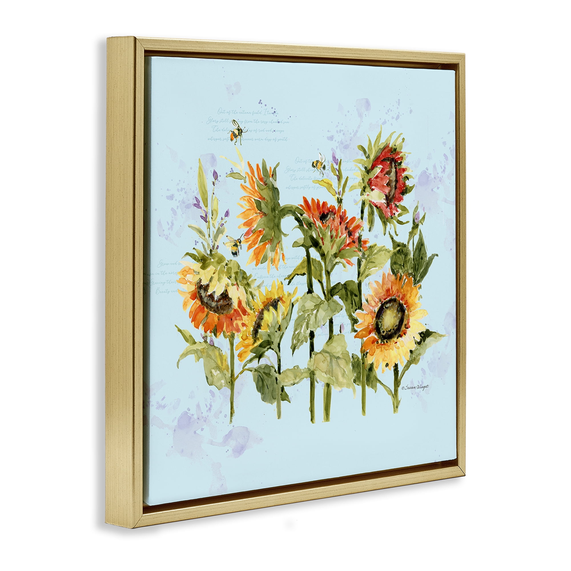 Stupell Industries Sunflowers & Bee on Blue Gold Framed Floater Canvas Wall Art, design by Susan Winget