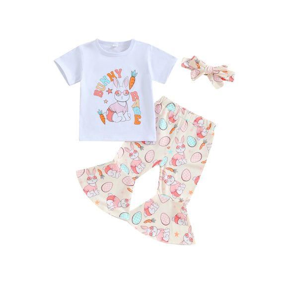 Toddler Baby Girl Easter Outfit 6M 12M 18M 2T 3T 4T 5T Bunny Short Sleeve T-Shirts Egg Carrot Flare Pants Headband 3Pcs Summer Clothes Set
