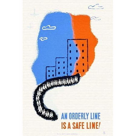 An orderly line is a safe line  Poster promoting safety procedures during civil defense air raid drills  NYC WPA War Services Poster Print by